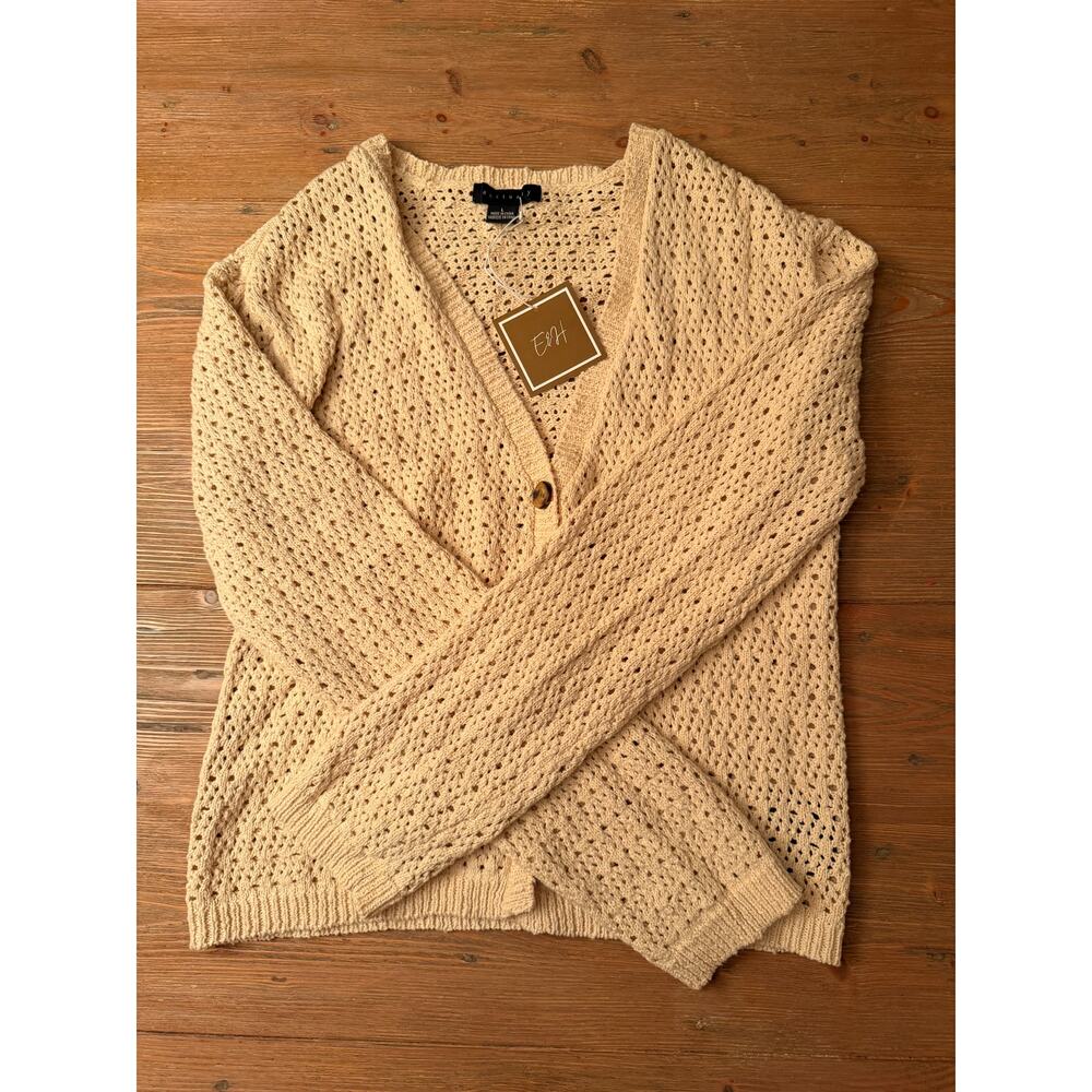 Eleanor & Hobbs Open Knit Cardigan Sweater Beige Macrame Size L NWT
